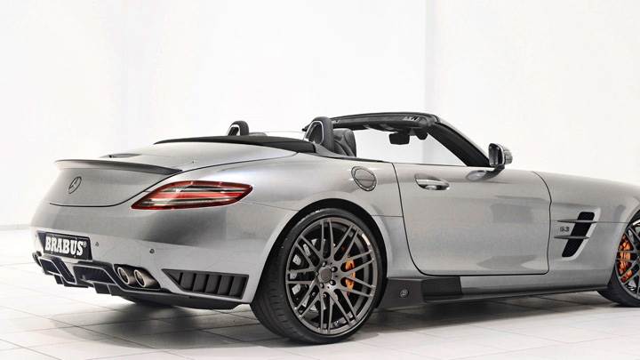 Side Back Pose Of Brabus Mercedes-Benz SLS AMG Roadster In Silver